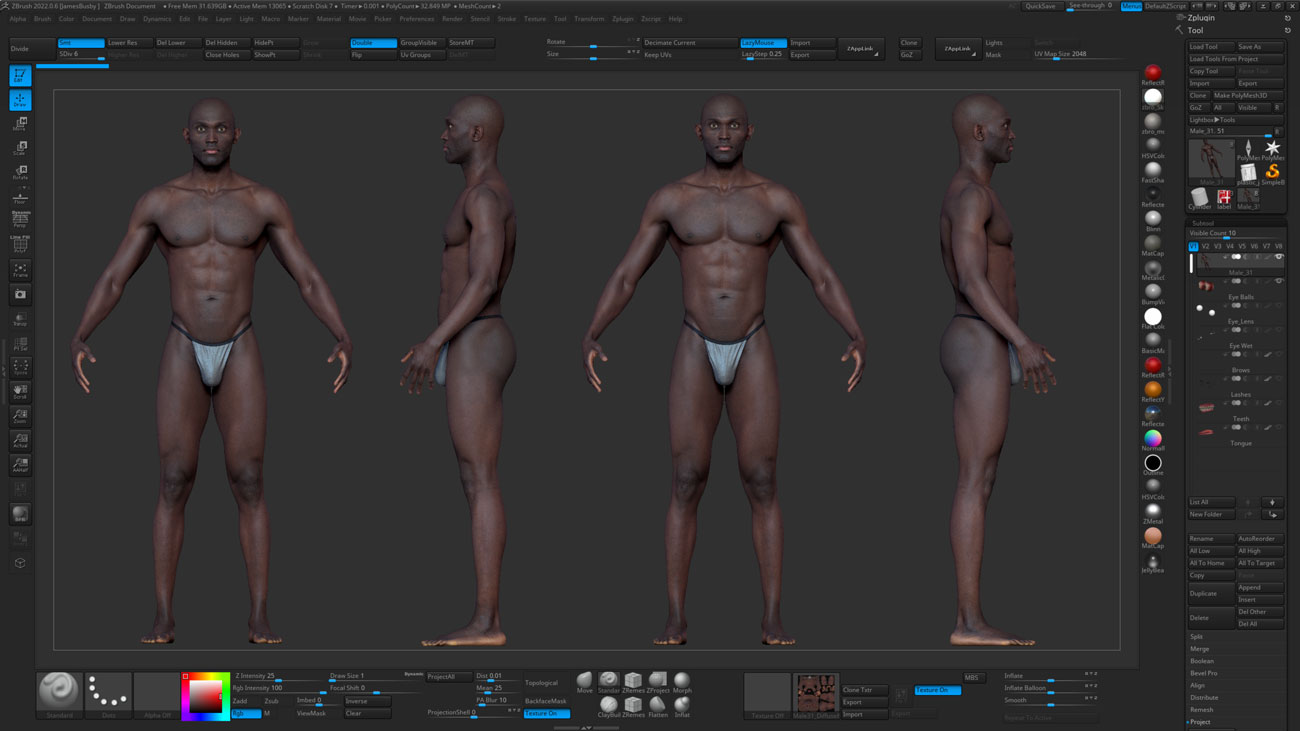 Male body scan ZBrush ZTool subdivision render ZBrush ZTool render of a lean athletic male body scan at high subdivision level showing sculpting-ready quad mesh geometry